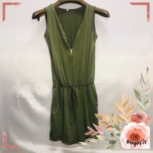 Olive Green Romper with Pockets, Zippered Front S